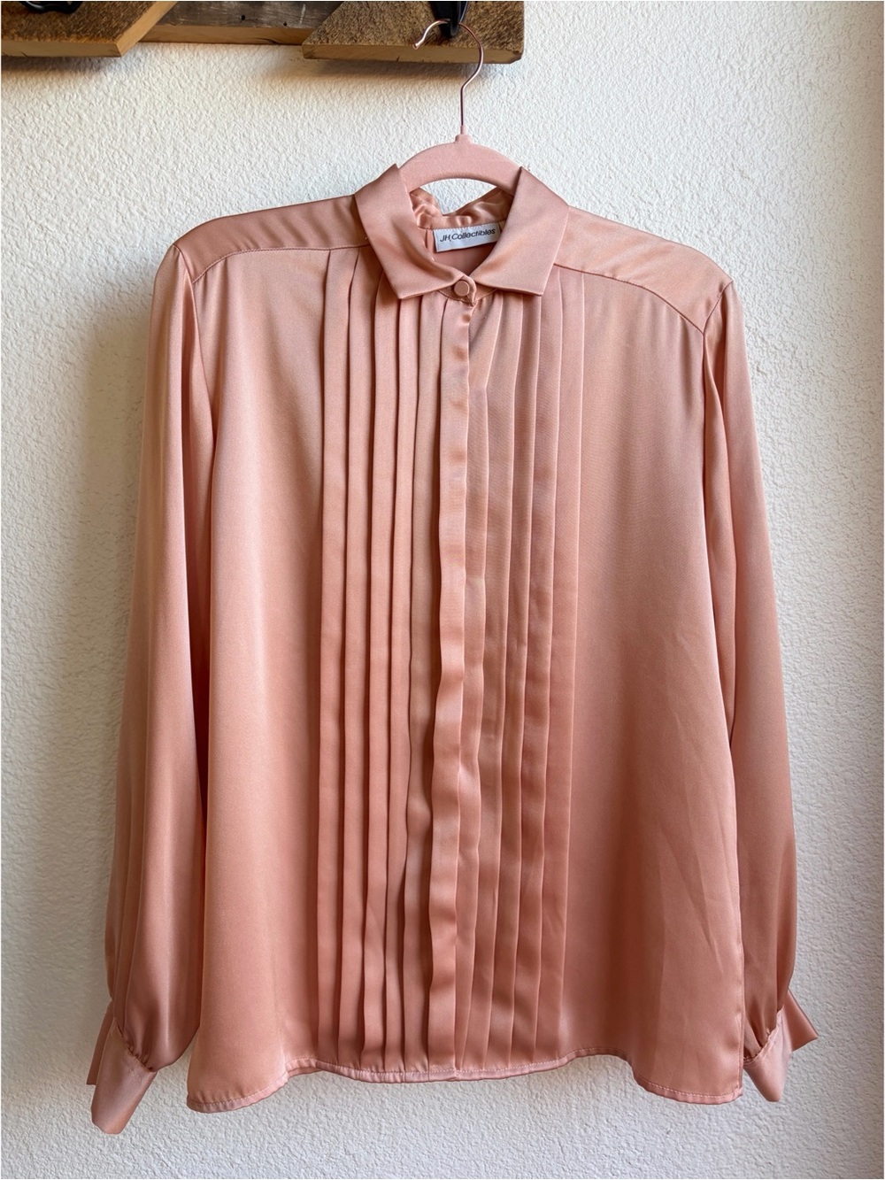 Vintage Pink Satin Pleated Yoke Button Down Blouse 6